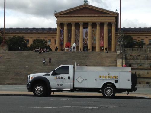Derek's Service truck in front of the Philadelphia Museum of Art during Pope Weekend - we were the propane provider for all of the forklifts being used for moving supplies around.